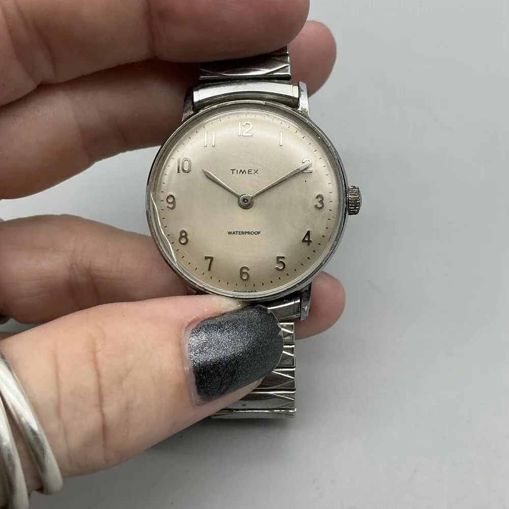 Vintage Timex Marlin Mens Watch 33mm Cracked Crystal Silver Tone Manual Wind